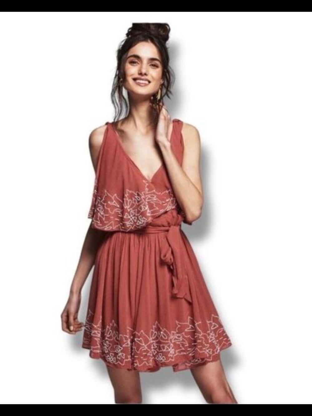 Free People Rust Coral Embroidered V-Neck Tie-Waist Mini Dress